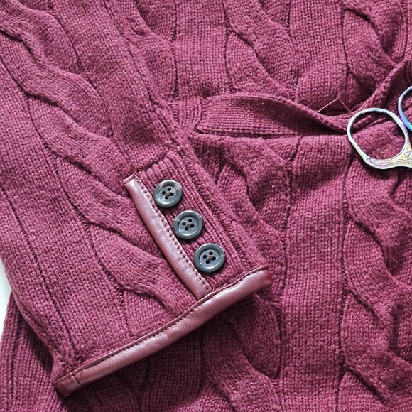 Talbots Cardigan Womens L Purple Plum LS Pockets Button Cable Knit Boho Mature - Picture 10 of 16